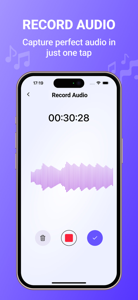 MP3コンバーターアプリのオーディオ録音機能のインターフェース。iPhone画面に波形とタイマーが表示されています。