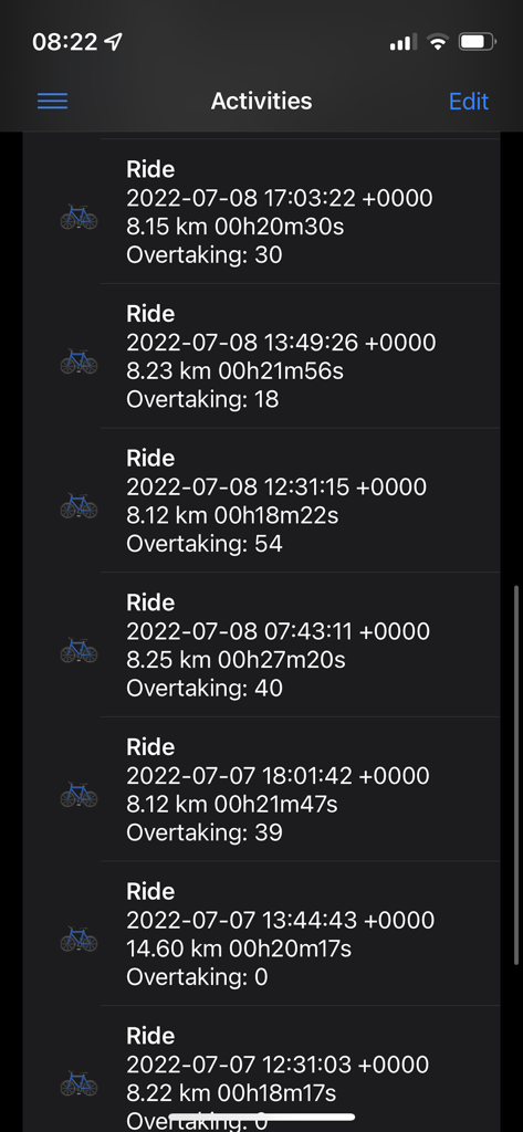 ARadar - ARadar activity history screen displaying list of past rides with distance and overtaking stats