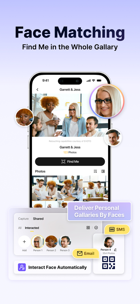 Evoto Instant - Evoto Instant mobile app showing AI face matching and personalized photo gallery sharing.