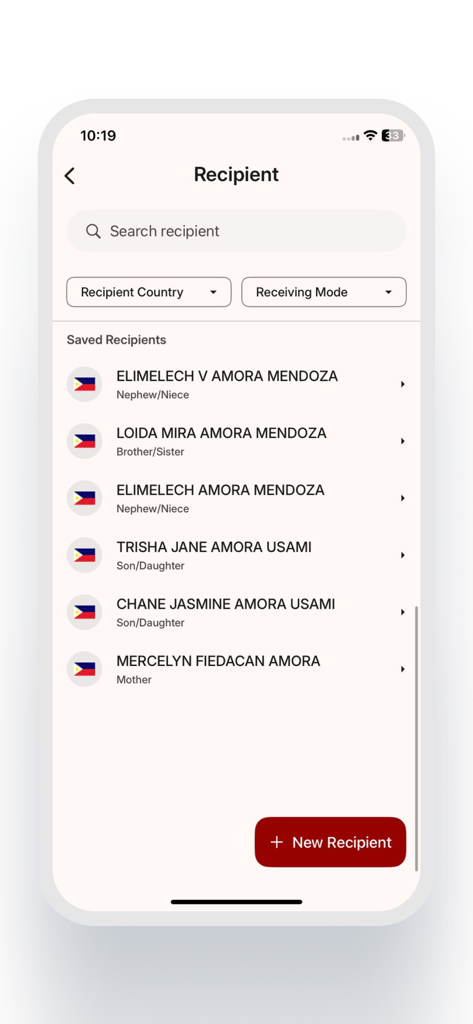 JME Remittance mobile app screen displaying a list of saved recipients for international money transfer from Japan.