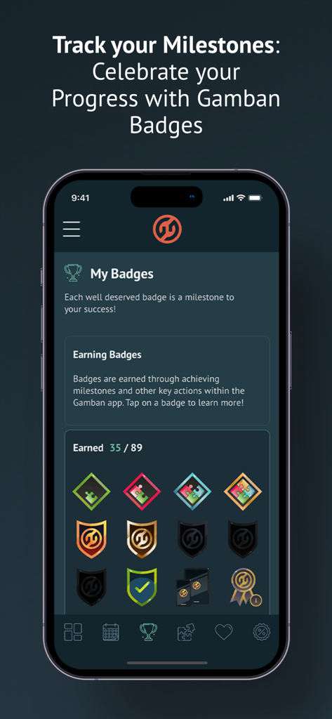 Block Online Gambling - Gamban - Gamban app interface displaying earned recovery badges and milestones