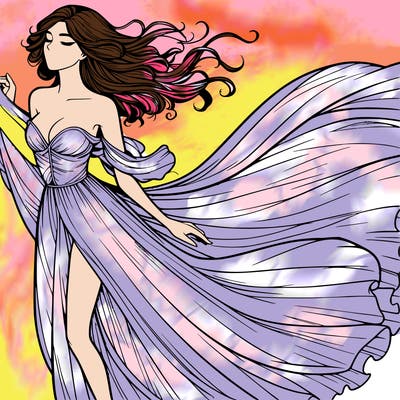 realistic woman in dress flowing the the wind