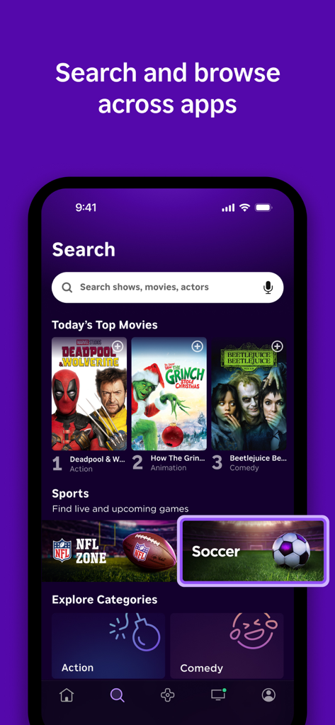 The Roku App search screen showing movie titles sports categories and a search bar