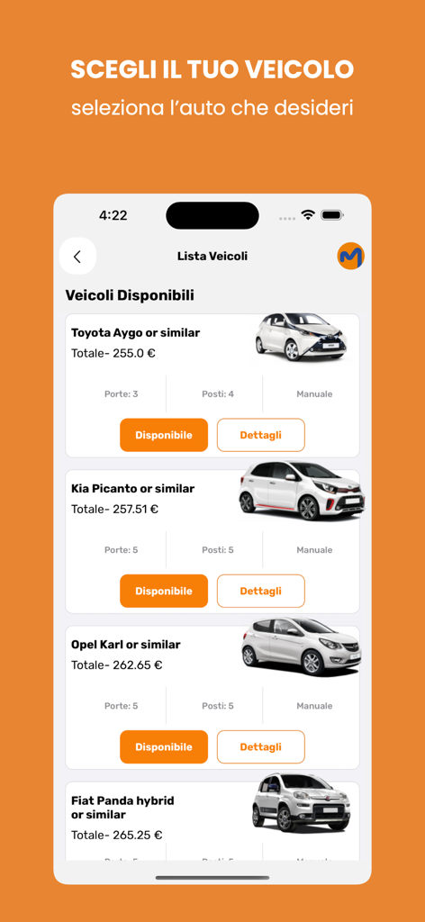 MOVENTUR - Moventur mobile app screen displaying a list of available rental cars including Toyota Aygo and Kia Picanto with their respective prices and specifications
