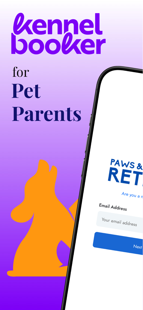 KennelBooker Pet Parent app splash screen featuring a dog silhouette and a login form on a mobile device.