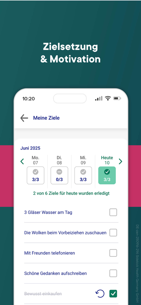 Zanadio App-Oberfläche, die den täglichen Fortschritt von Gesundheitszielen und eine Checkliste für Gewohnheiten anzeigt.