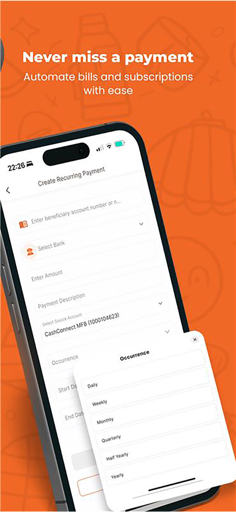 Remita - Pantalla de la aplicación móvil Remita mostrando cómo crear un pago recurrente y seleccionar su frecuencia.