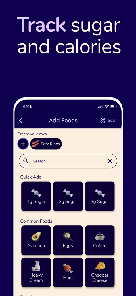 Sugarfree Quit Sugar Addiction - App screen showing food search and common food items to track sugar and calorie intake