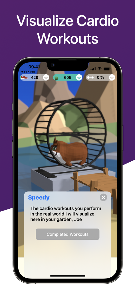 Treeceps: Fitness Workout Game - Treeceps app interface visualizing real world cardio workouts with a Runimal animal running on an exercise wheel in a virtual garden