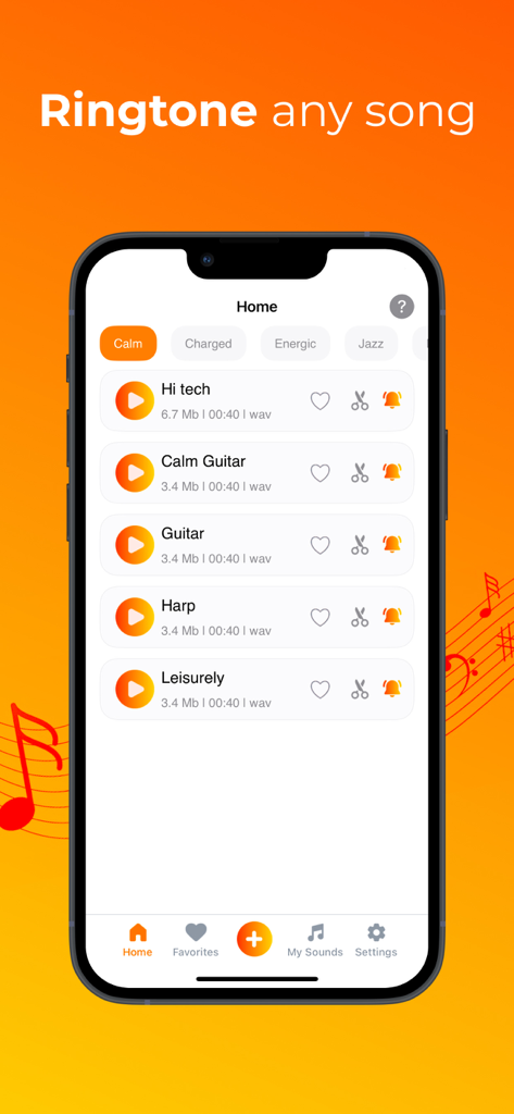 Nota Ringtones app interface on an iPhone showing a list of songs and categories for custom ringtones