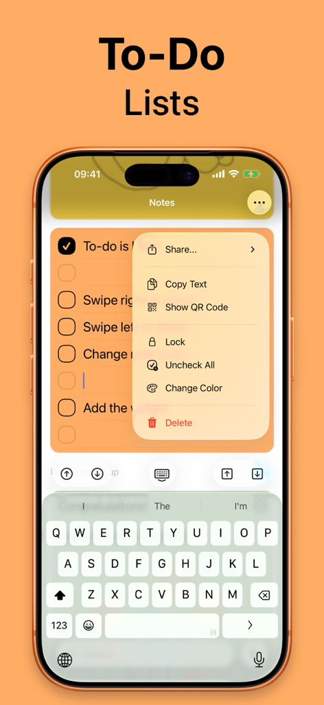 Sticky Note Widget. Stickies - Interfaz de iPhone de la aplicación Sticky Note que muestra una lista de tareas con un menú contextual para la personalización de notas.