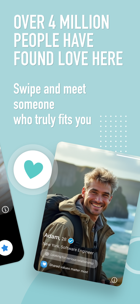 SweetRing Dating App - SweetRing dating app interface showing a verified profile of a user looking for a serious relationship