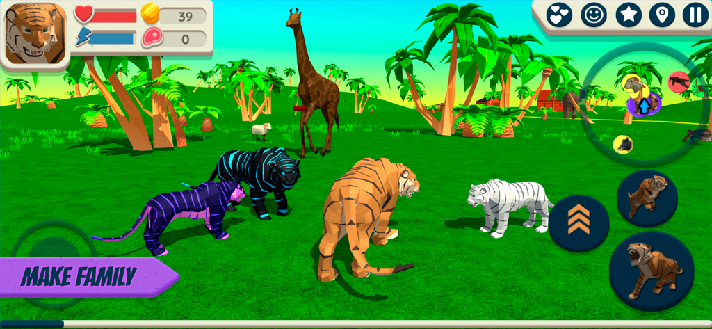 A group of colorful tigers in a 3D tropical landscape showing the family building feature