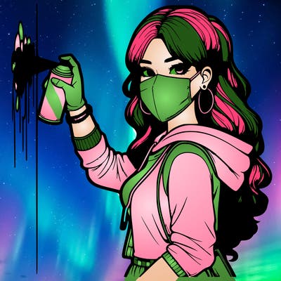 realistic girl with mask spray painting a wall