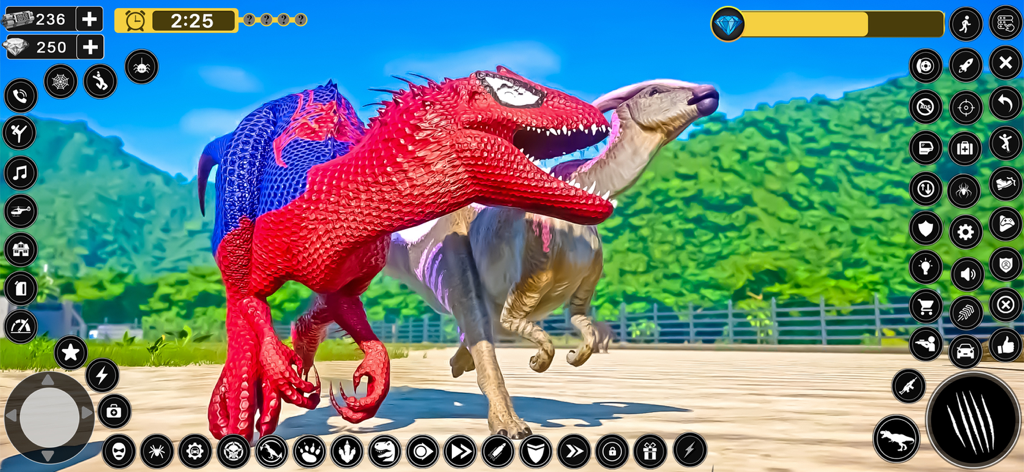 Dinosaur Monster City Rampage - Un dinosaurio con temática de superhéroe rojo y azul corriendo en un paisaje 3D con botones de interfaz de juego