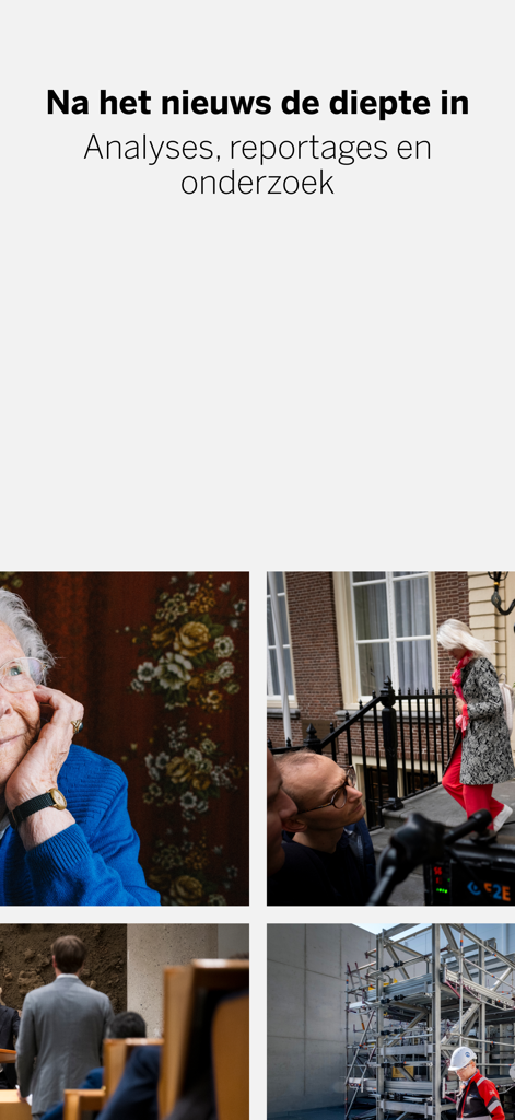 Écran de l'application de Volkskrant présentant des analyses approfondies et des reportages d'investigation.