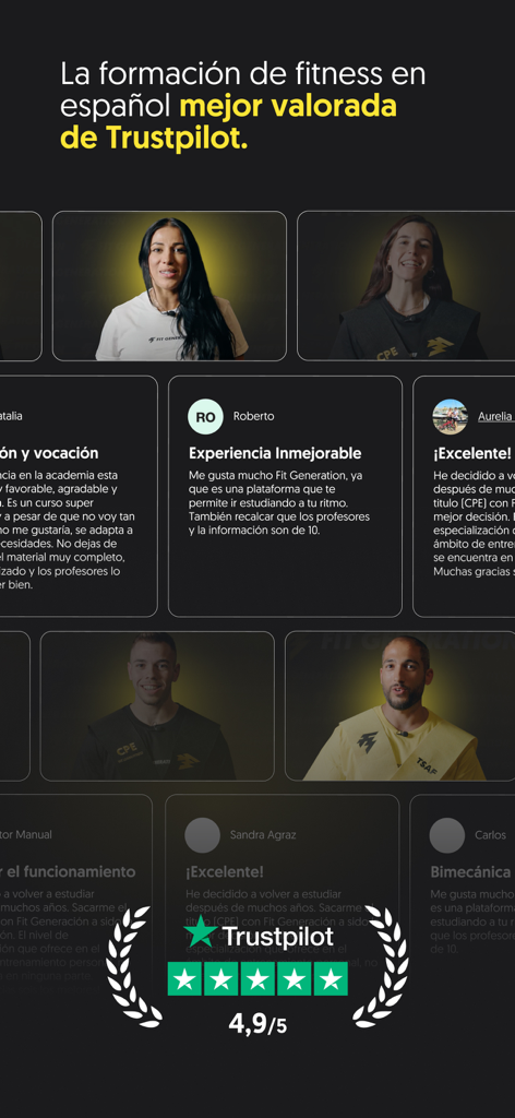 Página de reseñas de Trustpilot que muestra una calificación de 4.9 estrellas para la educación de fitness de Fit Generation Academy en español