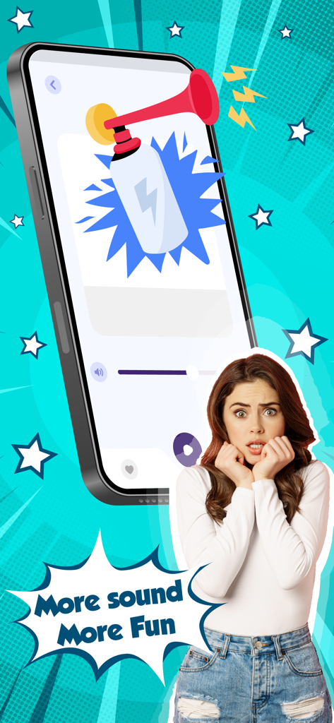 Un smartphone que muestra un icono de broma de bocina de aire con una mujer reaccionando en shock.