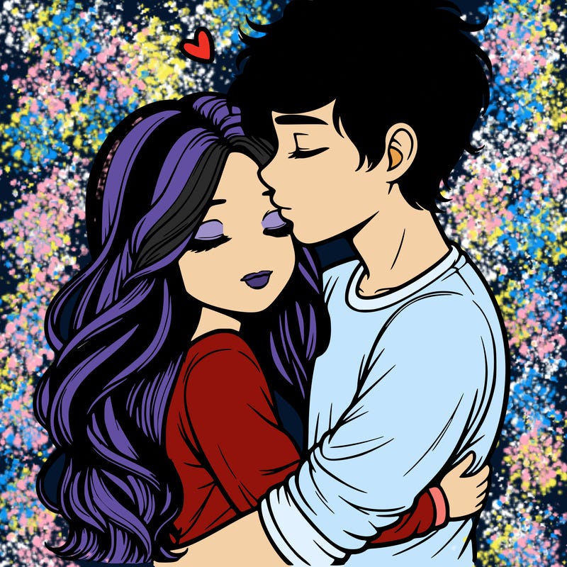 a realistic couple boy and girl hugging and kissing