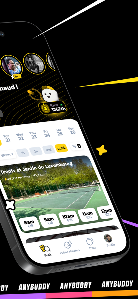 Anybuddy - テニスコートの予約オプションと時間枠を表示するAnybuddyモバイルアプリの画面