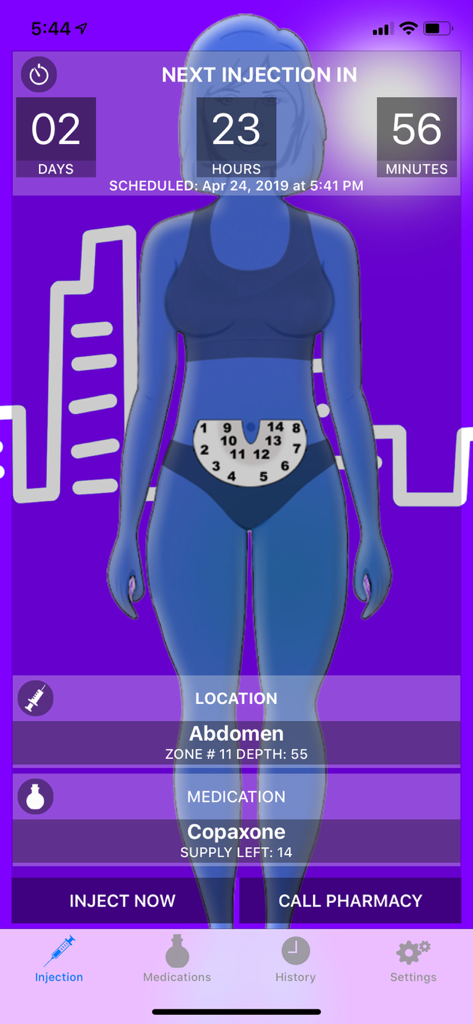 Injection Reminder app screen showing a countdown timer for the next dose and a highlighted abdomen injection zone on a female avatar