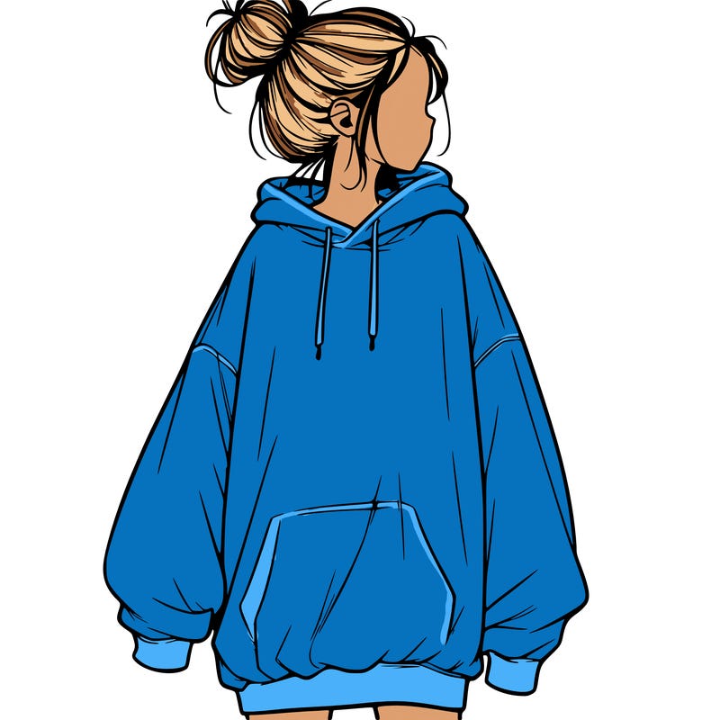 realistic girl with a oversized sweatshirt on and a bun
