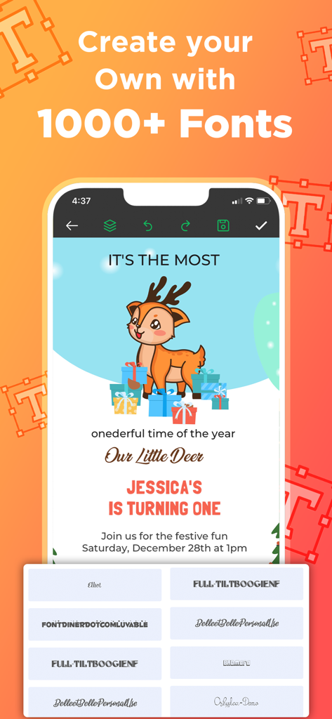 Invitation Maker app screen showing a birthday card design with various font selection options