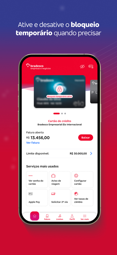 Bradesco Cartoes PJのモバイルアプリインターフェース。一時的にブロックされた法人クレジットカードと財務管理オプションが表示されています