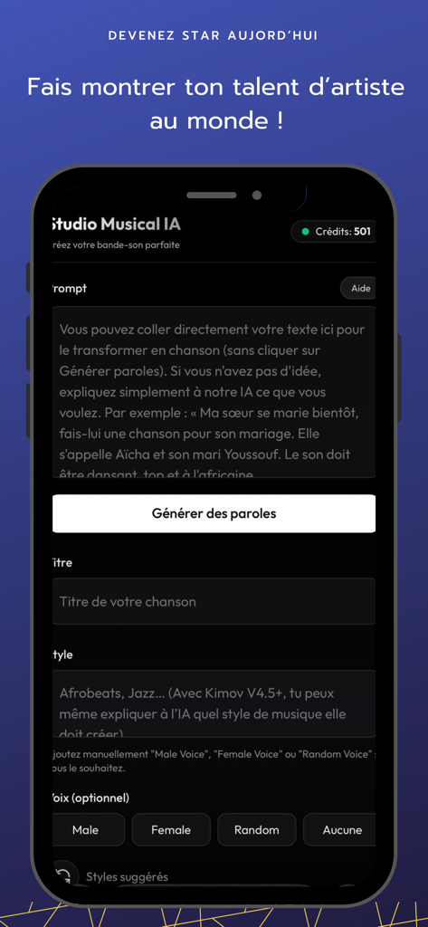 Kimov - Interfaz de la aplicación Kimov AI, estudio de música, mostrando opciones de letras, título, estilo musical y selección de voz.