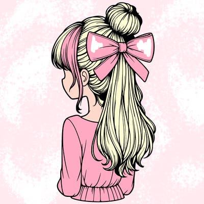 realistic girl  with hip length hair a bun and a big bow on the back of head