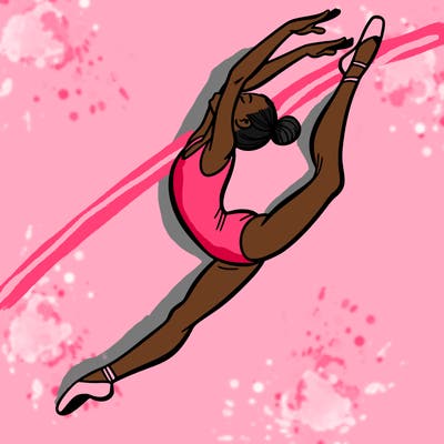 gymnast doing a leap in a leotard with a bent back leg