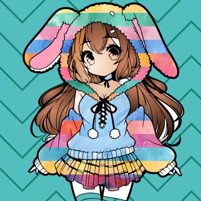 pretty anime girl wearing a fluffy hoodie with bunny ears on the hood and a skirt