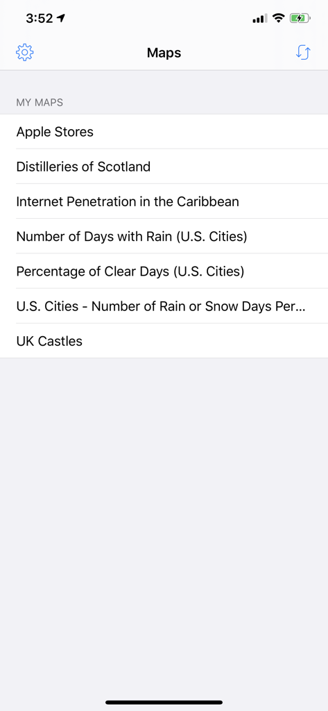 BatchGeo - A list of saved custom maps in the BatchGeo mobile app interface