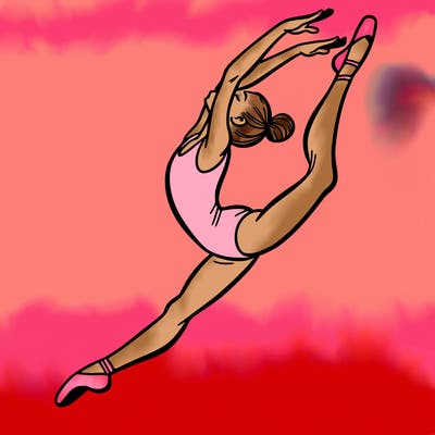 gymnast doing a leap in a leotard with a bent back leg