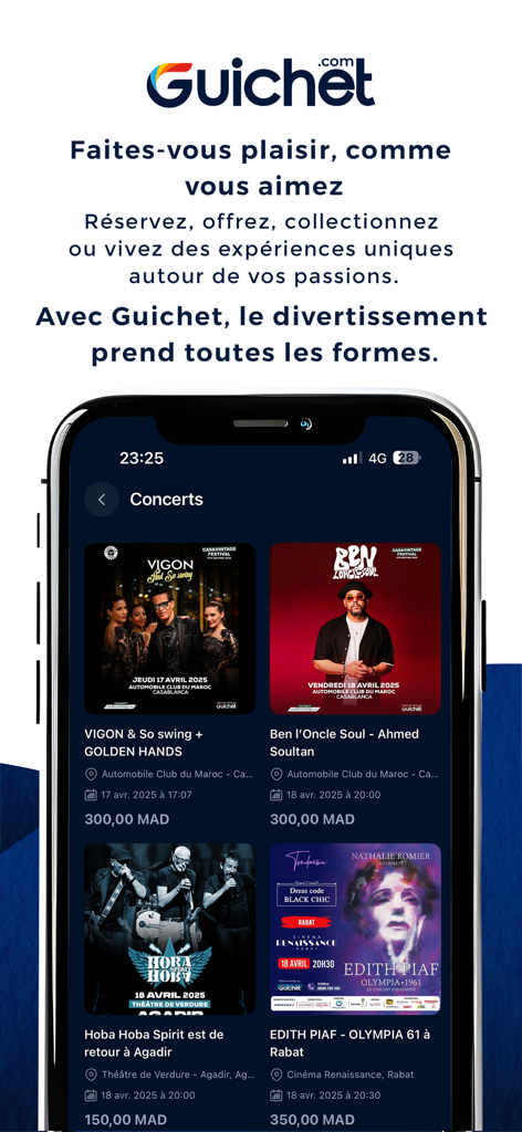 Guichet - Smartphone displaying concert event listings on the Guichet ticketing app in Morocco