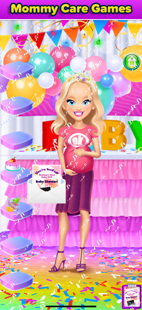 Mommy's New Baby Girl Game - A pregnant character at a baby shower with colorful balloons and confetti