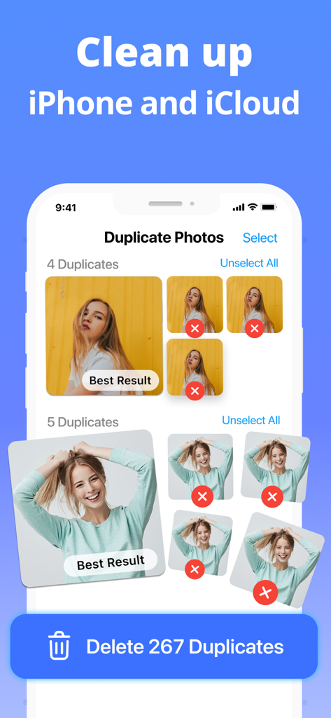 Interface showing how to identify and delete duplicate photos to free up iPhone and iCloud storage.