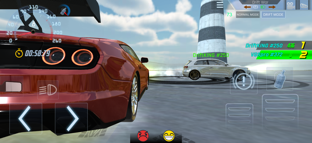 Online Drift Arena - Gameplay of Online Drift Arena showing a multiplayer drift battle with a leaderboard and car customization