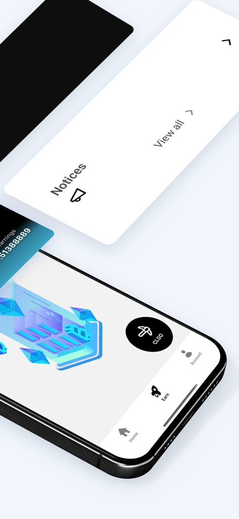 Smartphone che mostra l'interfaccia dell'app Calgo per guadagnare token CLGO con un pulsante di tap centrale e una barra di navigazione inferiore.