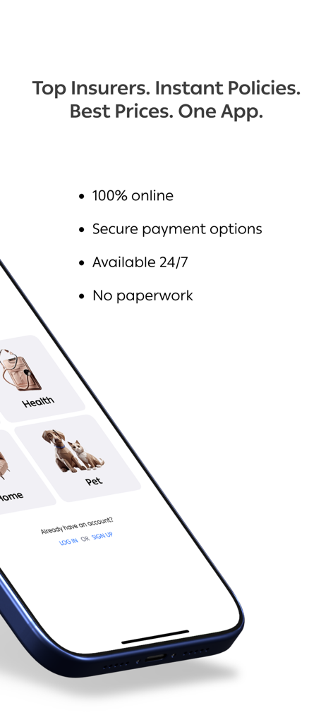 Shory Insurance app interface showing online policy options for health home and pet insurance