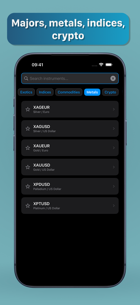 Trading instrument selection screen showing precious metals like gold and silver in a dark mode interface