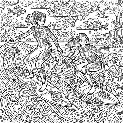Embark on a thrilling coloring journey with these dynamic female surfers, reimagined in a captivating steampunk world. Their intricate suits and gear meet powerful, mechanical waves for an unforgettable artistic challenge.