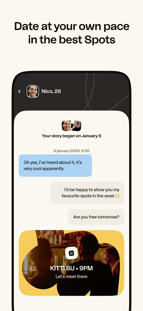 Chat interface in the happn app showing two users arranging to meet at a local spot