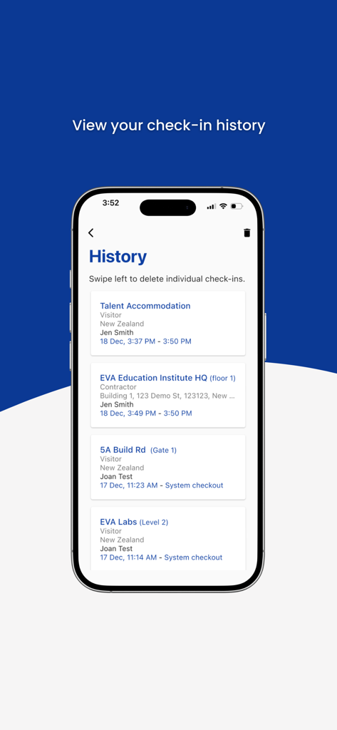 EVA Check-in | Visitor sign-in - Mobile screen showing the history of visitor and contractor check-ins including dates times and locations