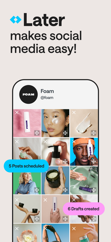 Later: Social Media Scheduler - Screenshot der Later-App-Oberfläche, die ein visuelles Social-Media-Raster mit geplanten Beiträgen und Entwürfen anzeigt