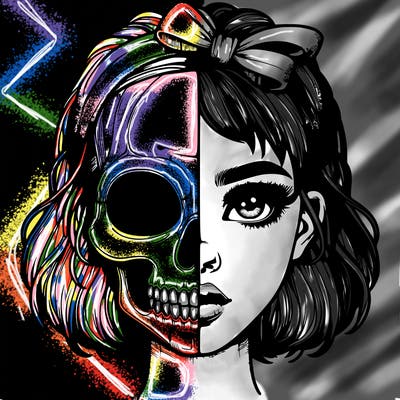 realistic girl with half skull mask