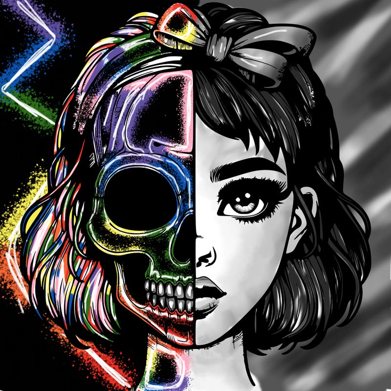 realistic girl with half skull mask