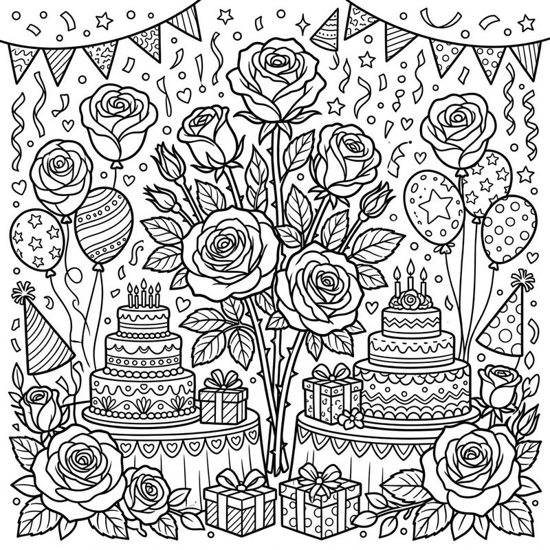 Dive into a blooming celebration with this intricate Roses Birthday Party coloring page, specially designed for teens. Featuring elegant rose bouquets, festive cakes, balloons, and gifts, it's perfect for a creative escape.