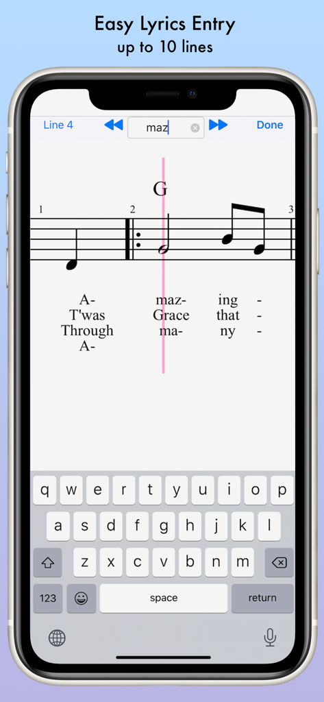 iWriteMusic mobile app interface showing easy multi-line lyrics entry for sheet music on a smartphone