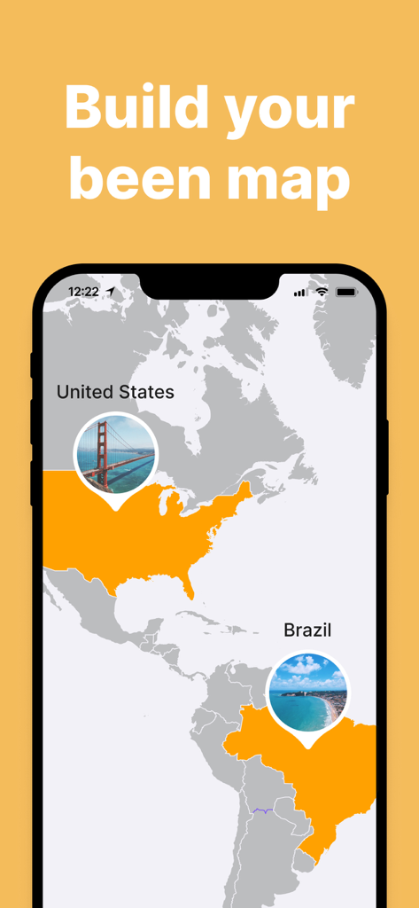 Smartphone screen showing the been app travel map with visited countries highlighted in orange and photo markers